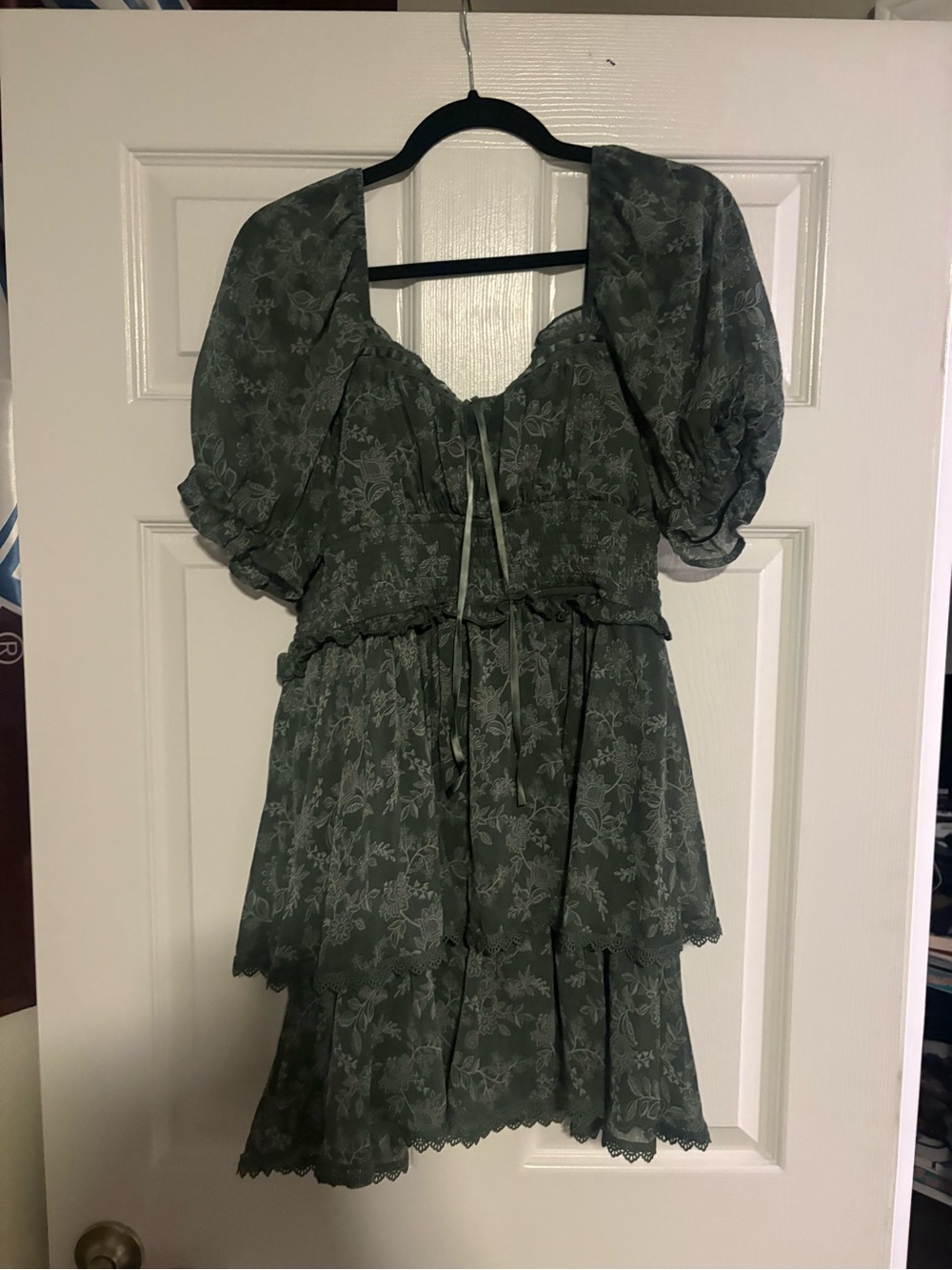 Tiered Puff-Sleeve Mini Dress in Sage Green